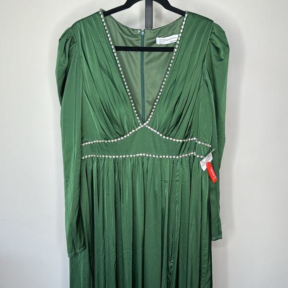 NWT IEENA for MAC DUGGAL 55702 Emerald Green Rhinestone Trim Puff Sleeve Gown - Picture 3 of 13